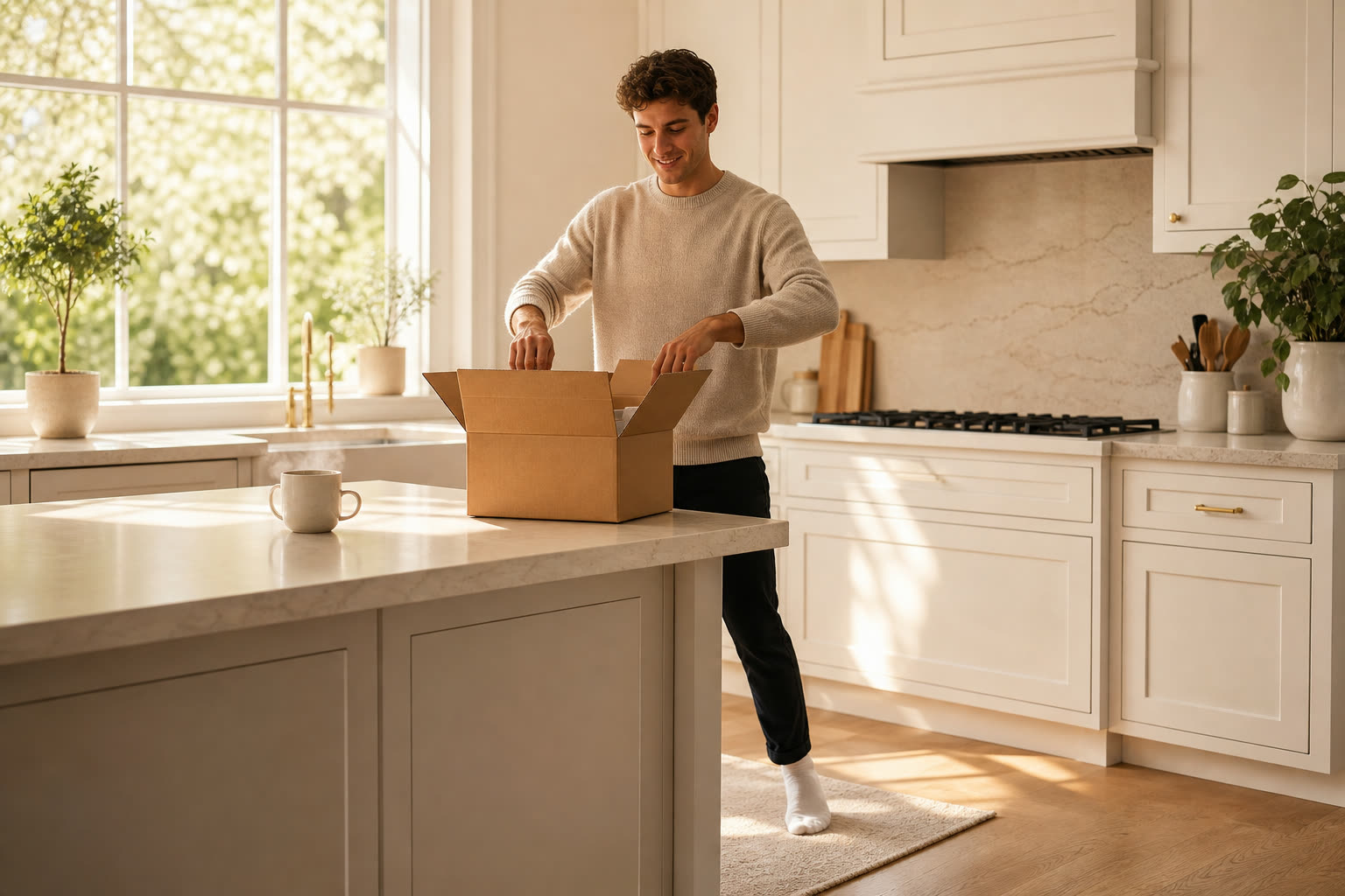 A young man opening a plain unmarked delivery box at his kitchen counter, tea steaming beside him
