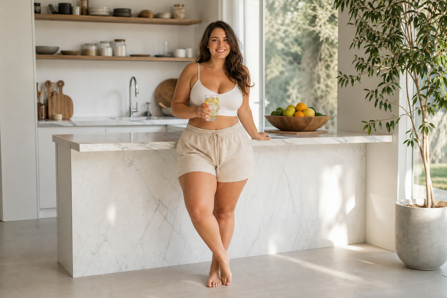A late 20s woman with a curvy hourglass build starting a bright morning ritual with a glass of citrus water at a sunlit counter