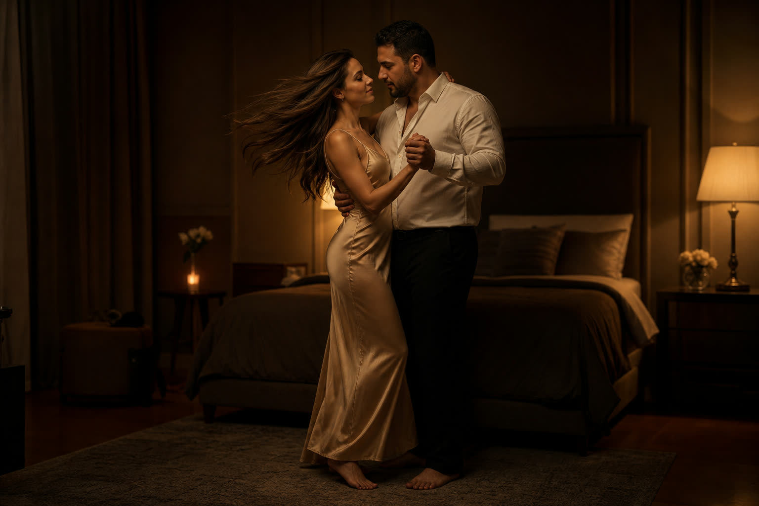 A couple in a slow barefoot dance at the foot of the bed at midnight