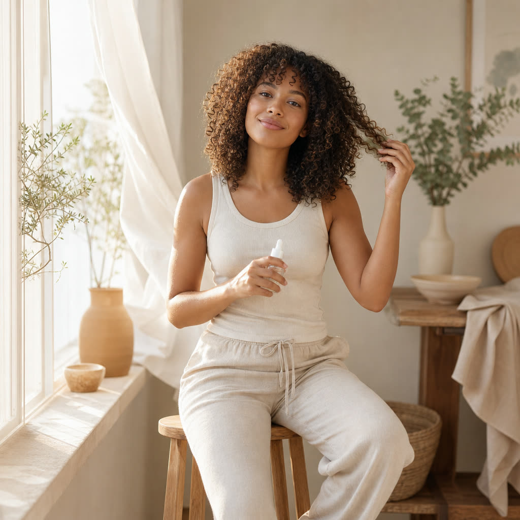 A woman tending her curls with a serum at a bright windowsill in morning light