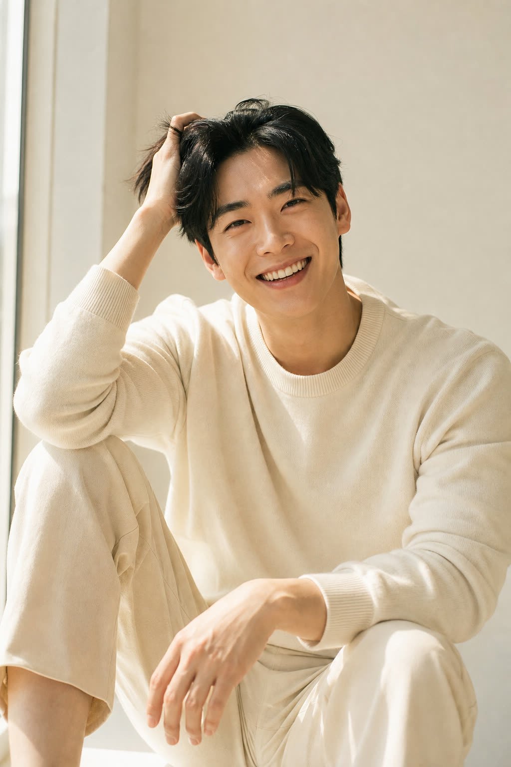 A young man with thick black hair laughing in bright daylight, one hand in his hair
