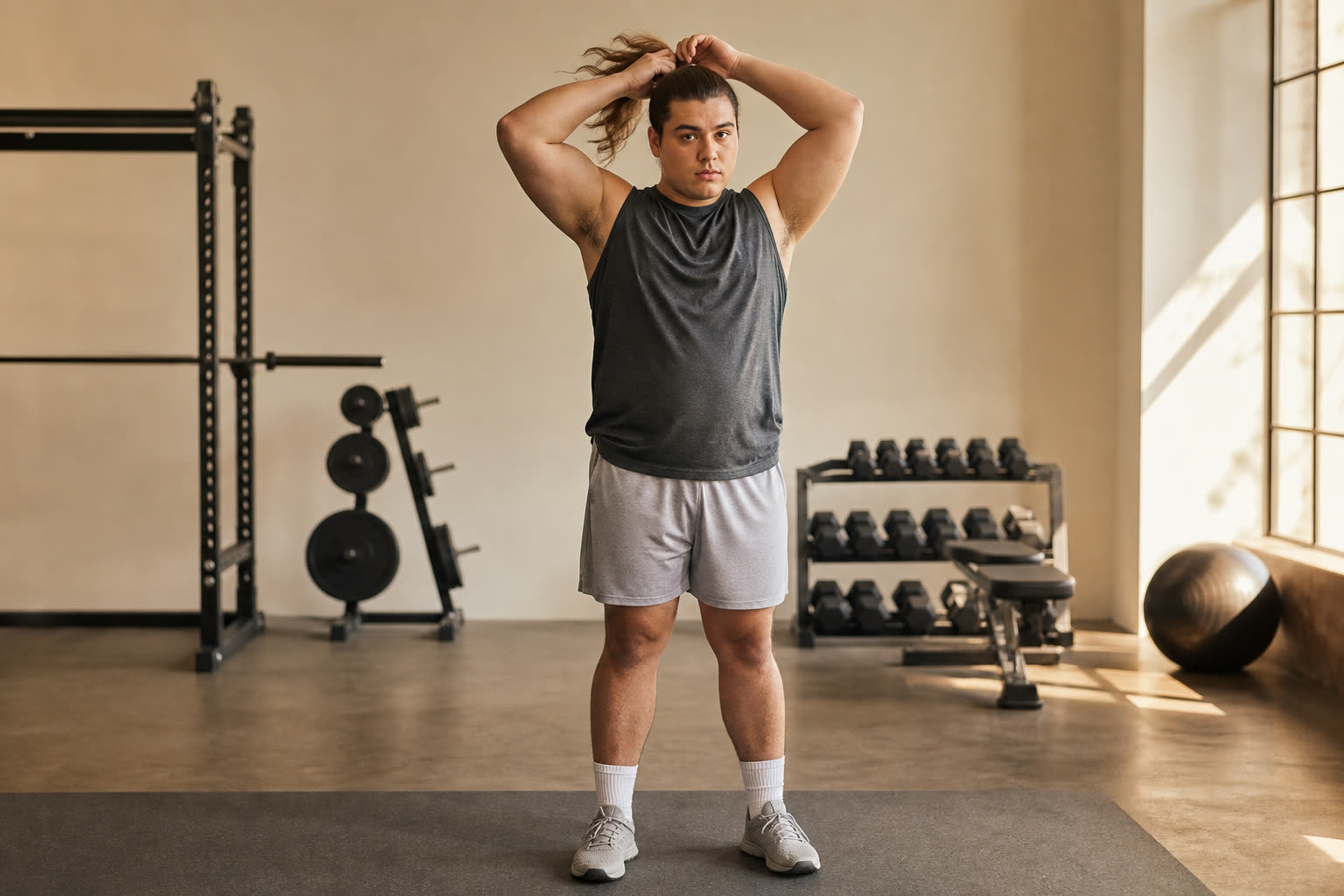 A early 20s man with a plus-size build tightening a high ponytail before a workout, determined
