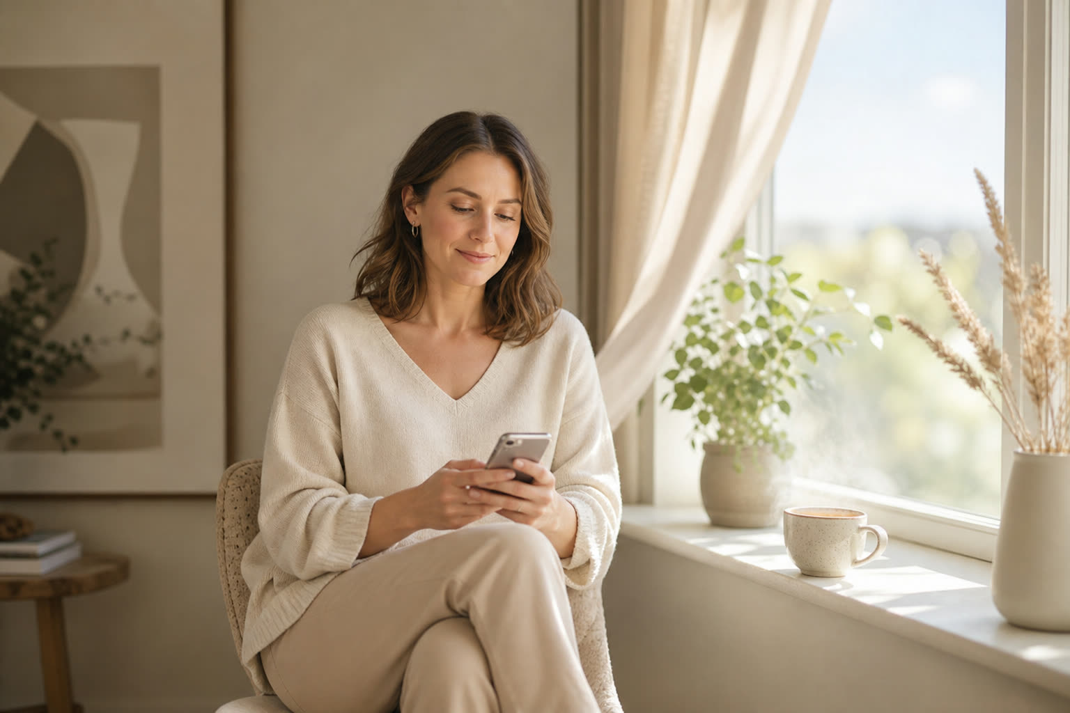 A woman at a sunlit windowsill completing a short questionnaire on her phone