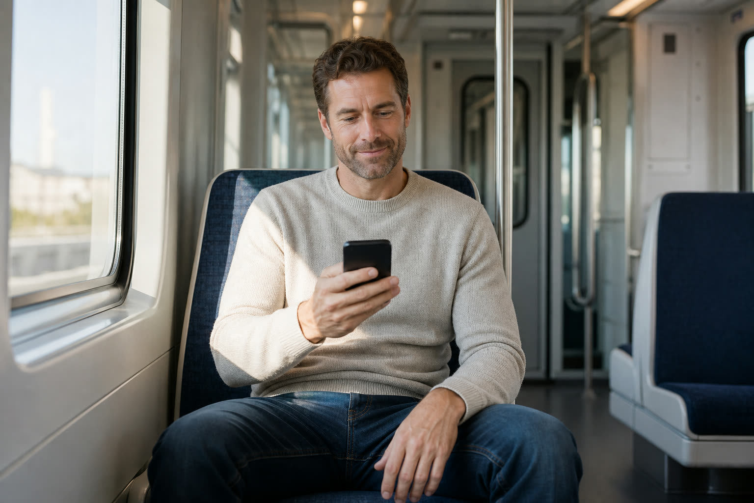 A 40s man with a athletic build answering a short health questionnaire on a phone during a calm commute