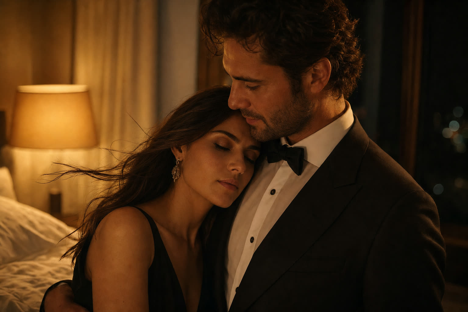 An elegant couple dancing very close at first light, foreheads touching