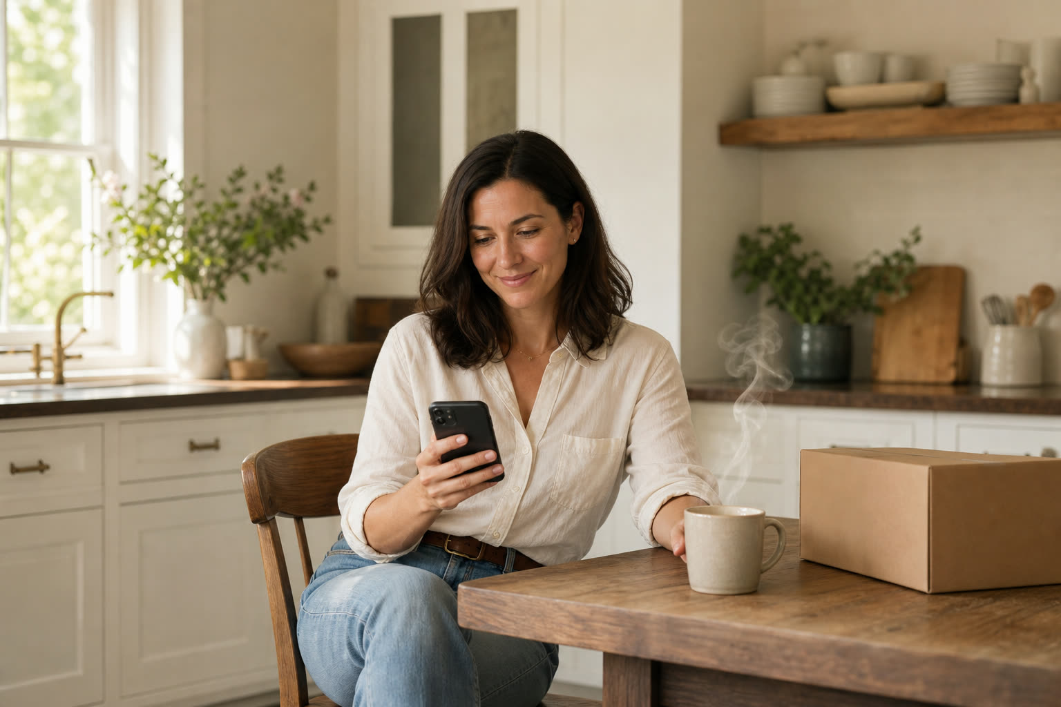 A woman reading a message at a light-filled kitchen table beside a plain unmarked box