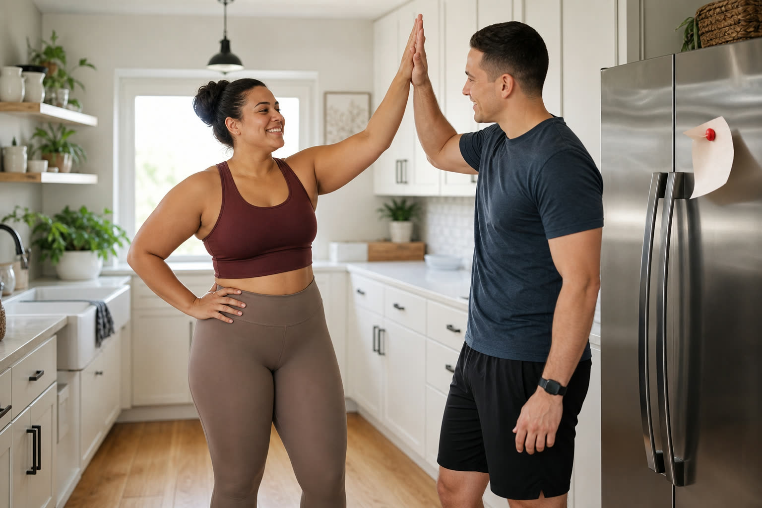 A early 20s woman with a broad-shouldered stocky build high-fiving their partner in the kitchen over a milestone note on the fridge