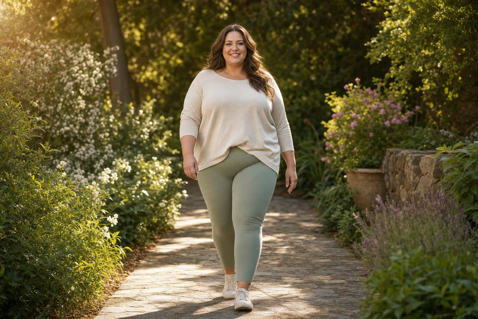 A heavier woman walking a sunlit garden path at an easy pace, smiling softly