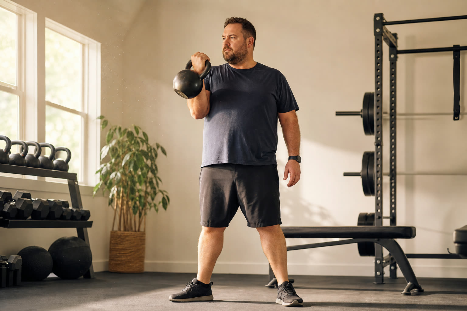A 40s man with a plus-size build lifting a kettlebell in a sunlit home gym, focused and strong
