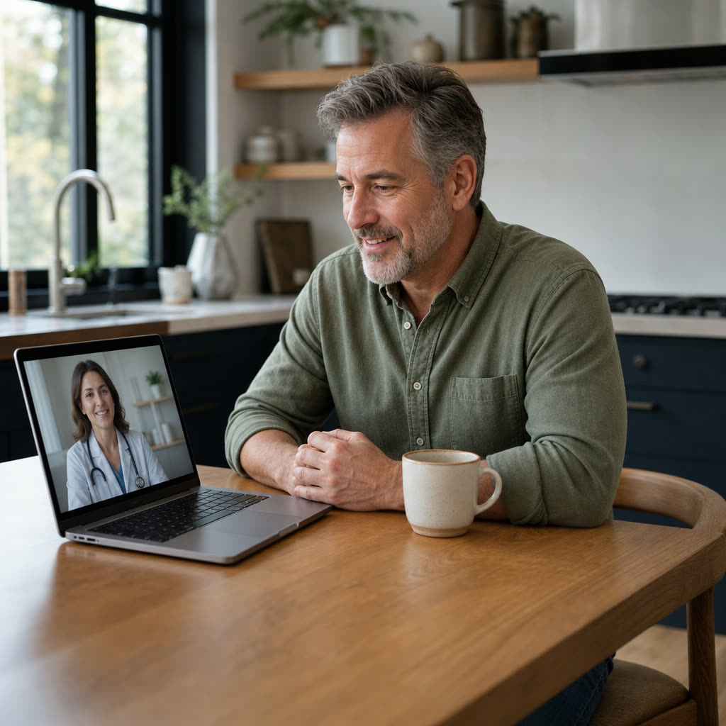 A man on his sofa waves at his phone during a video call with his care team, relaxed and smiling