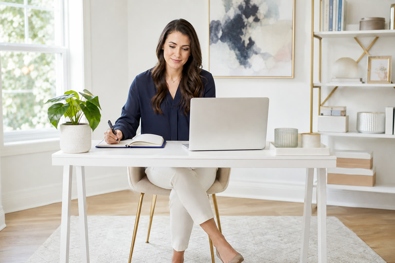A woman compares plans on her laptop at a tidy home desk, coffee beside her, unhurried and in control