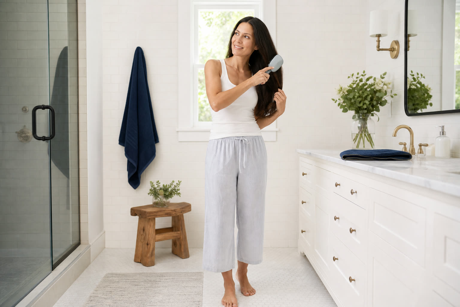 A woman brushes her long, glossy hair in a bright bathroom, a navy towel draped beside the mirror