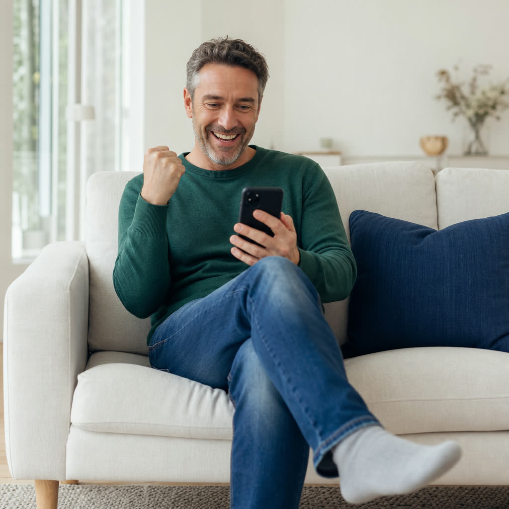 A woman beams at her phone in her bright living room, one fist raised in a small private celebration