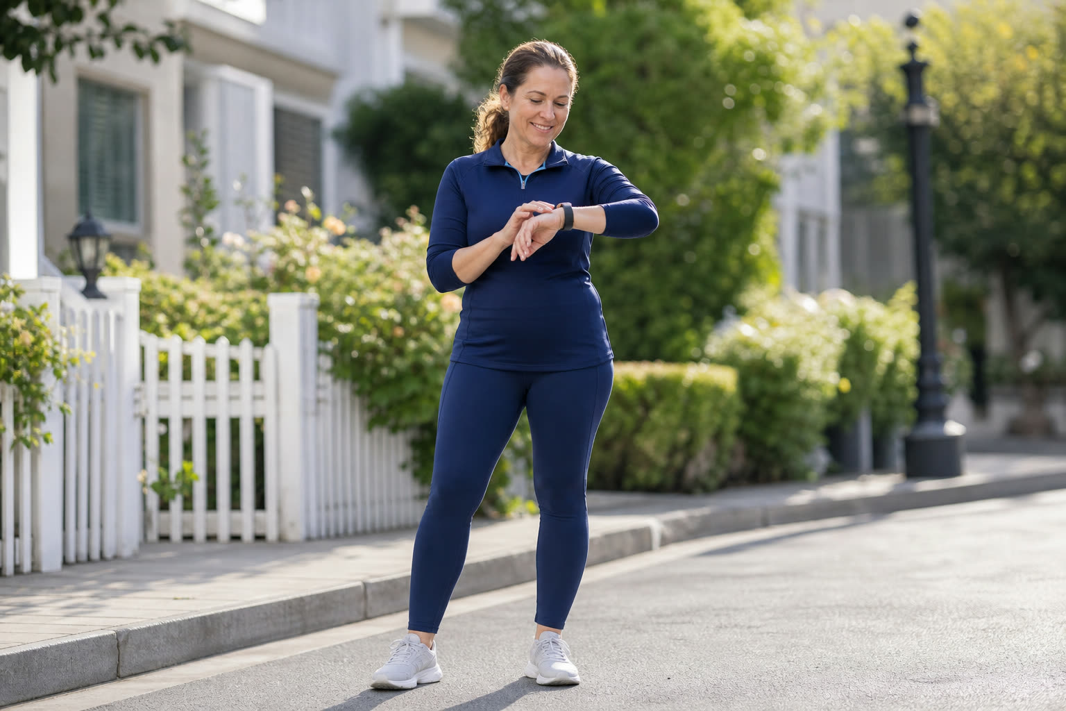 A woman in a navy athletic top pauses on a sunny walk to check her watch, smiling with quiet pride at her pace