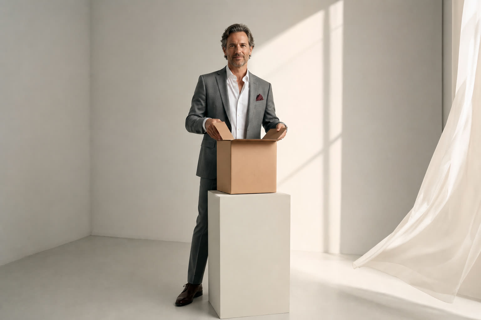 A man in his mid 40s opening a plain unmarked delivery box in a bright white room in warm light
