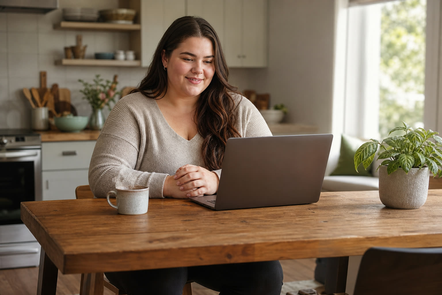 A early 20s woman with a broad-shouldered stocky build in a video visit with a clinician on a laptop at a kitchen table, engaged and reassured