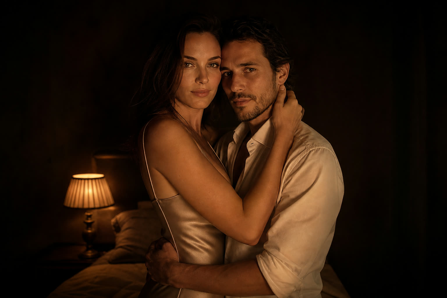 A couple under a single bedside lamp, everything else in shadow