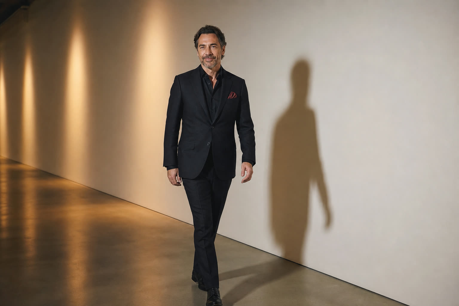 A man in a dark suit walking along a long white wall through pools of warm light