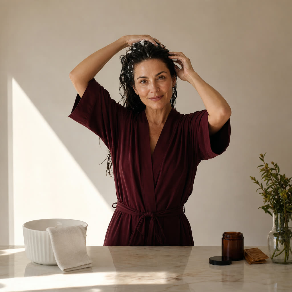 A woman in her 40s working treatment through her rich dark hair at a clean counter in a white room
