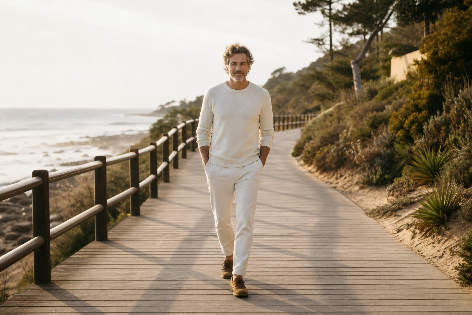 A early 50s man with a lean build walking a beach boardwalk, thick hair lifted by sea air