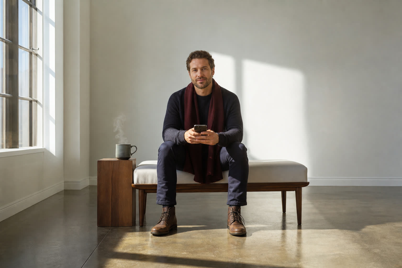 A man in his 30s on a low bench in a white room completing a short questionnaire on his phone