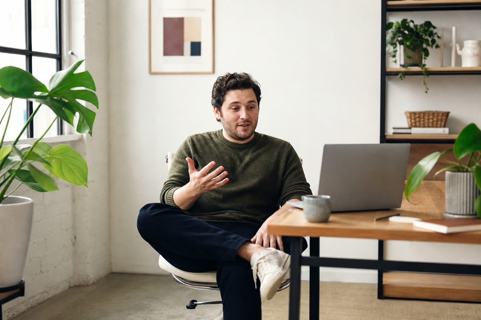 A early 30s man with a soft curvy build on a clinician video call at a tidy desk, mid-question, engaged