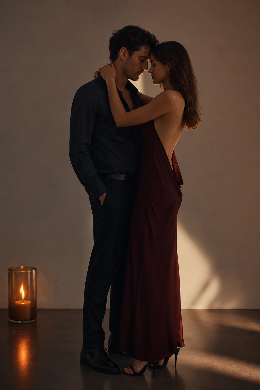 A couple close together against a white wall in a dim room, foreheads touching, warm oxblood rim light