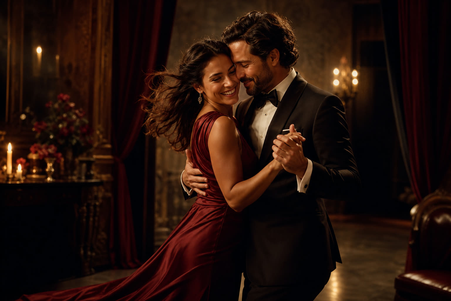 A couple dancing very close in a dim white room, foreheads touching, warm oxblood rim light