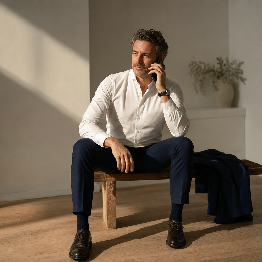 A man in his 40s on a low bench in a white room, answering questions on his phone in warm light