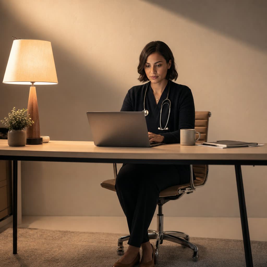 A clinician in her 30s reviewing notes at a clean desk in warm dramatic light