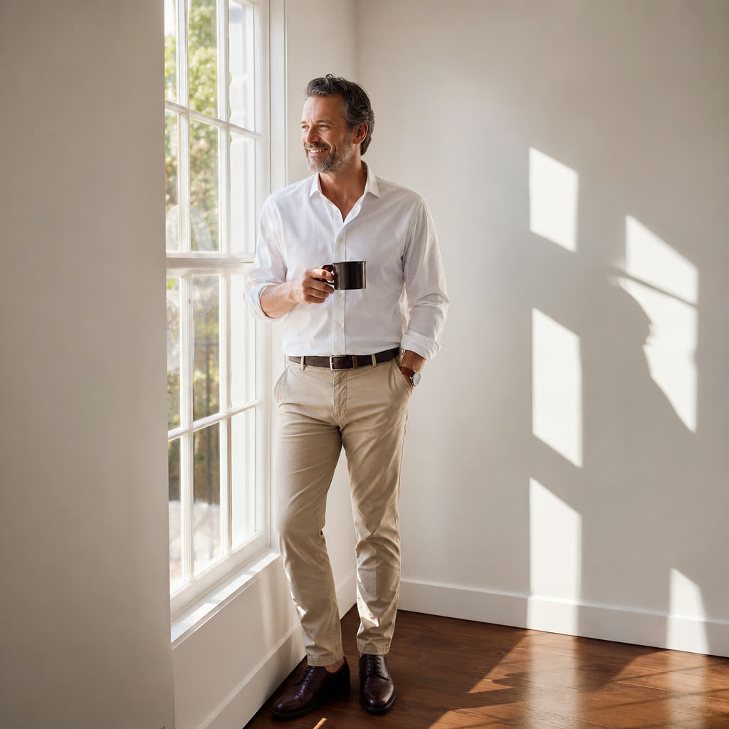 A man in a crisp white shirt smiling by a tall window as morning light rakes across a white room