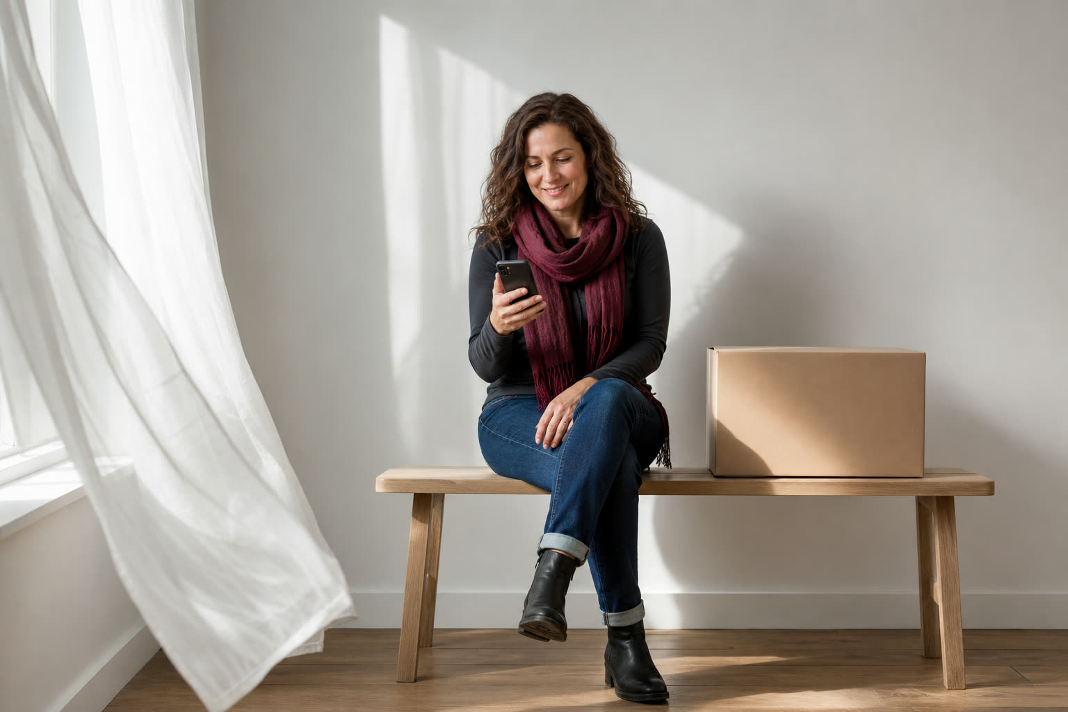 A woman in her 40s reading a reassured message in a white room beside a plain unmarked box on a bench