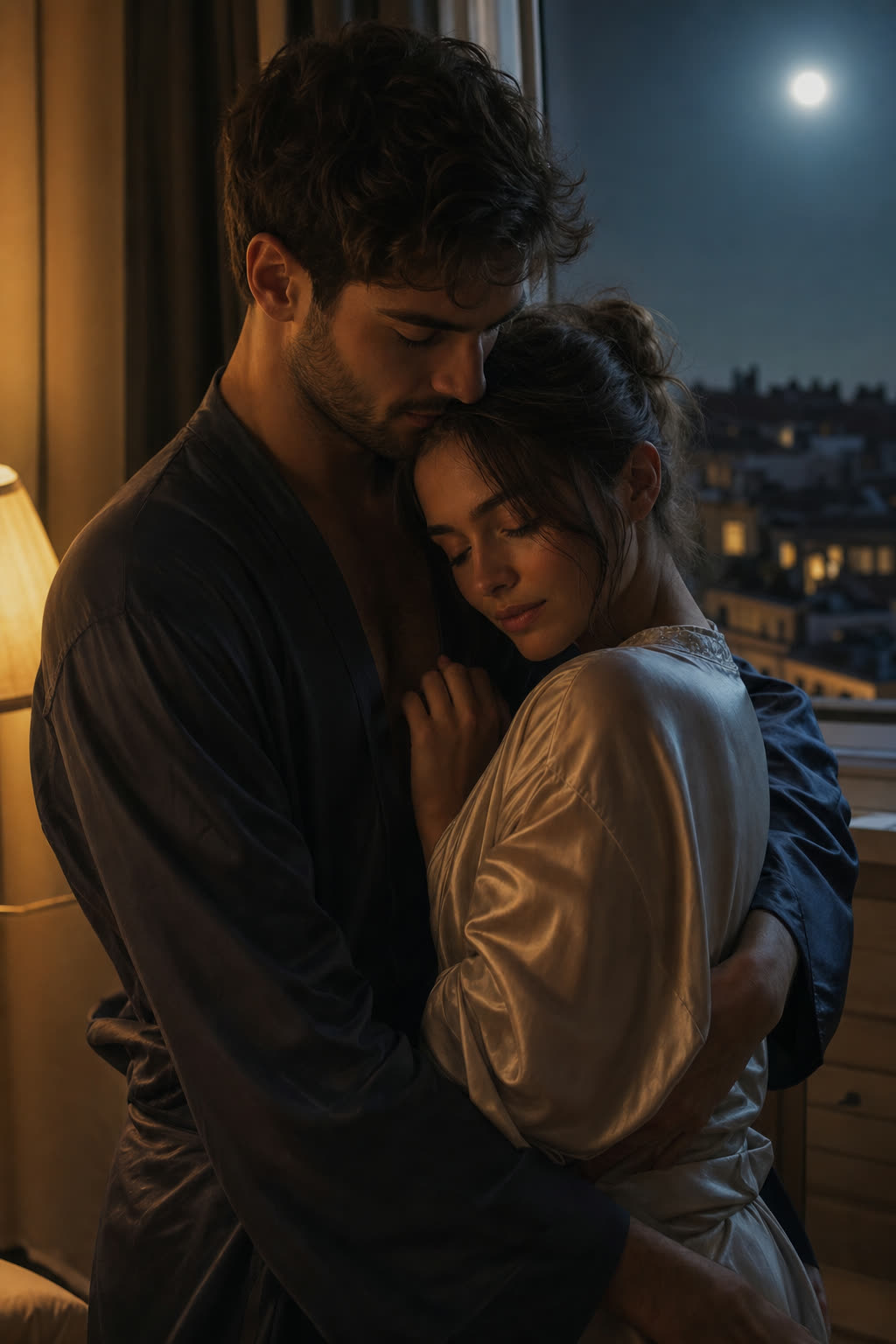A couple dancing very close, cheek to cheek, under one warm light against a white wall