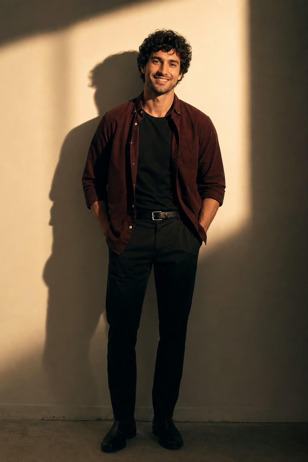 A man in his late 20s with thick dark curls rim-lit in warm light against a white wall