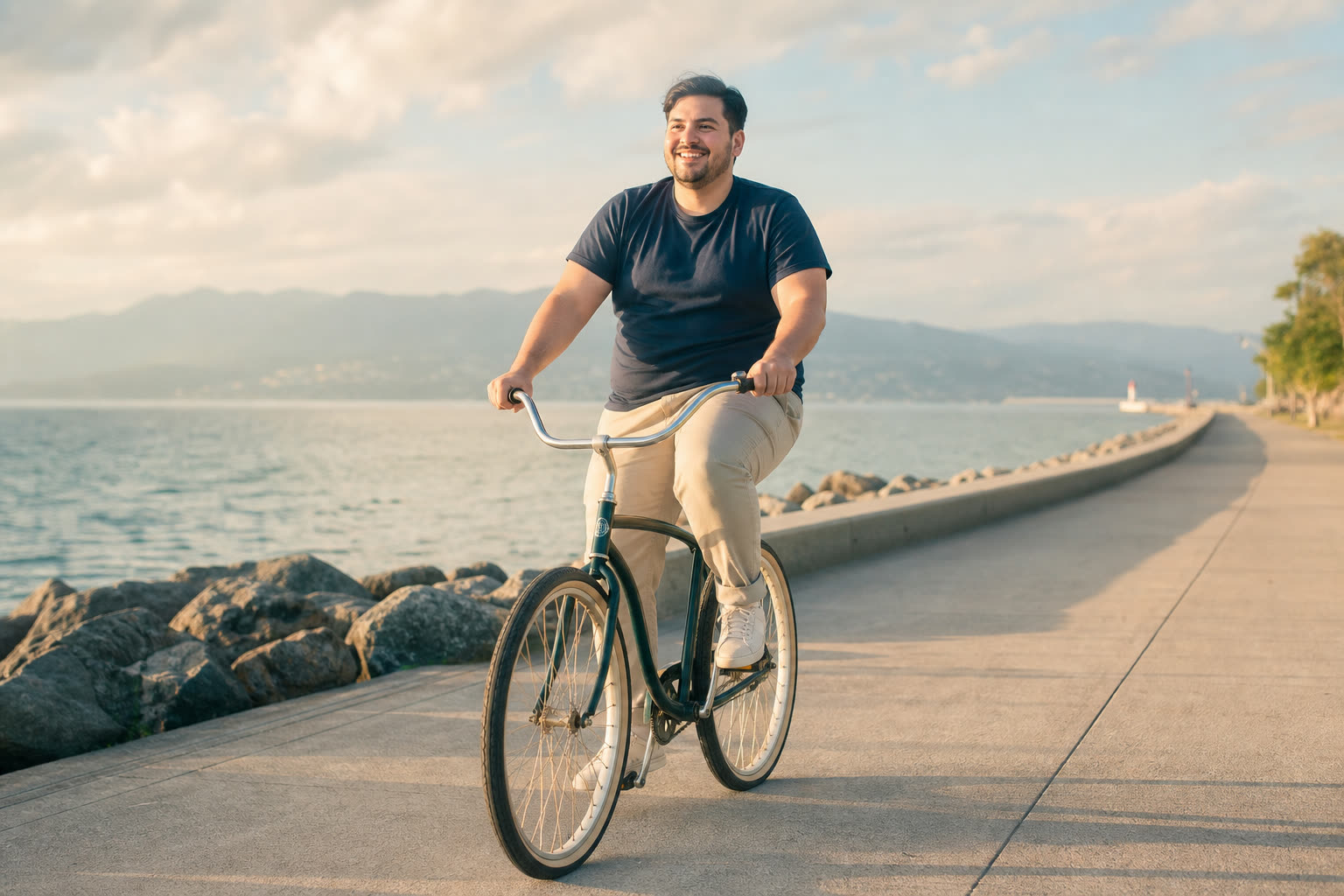 A early 30s man with a broad and solid build coasting on a bicycle along a waterfront path, joyful