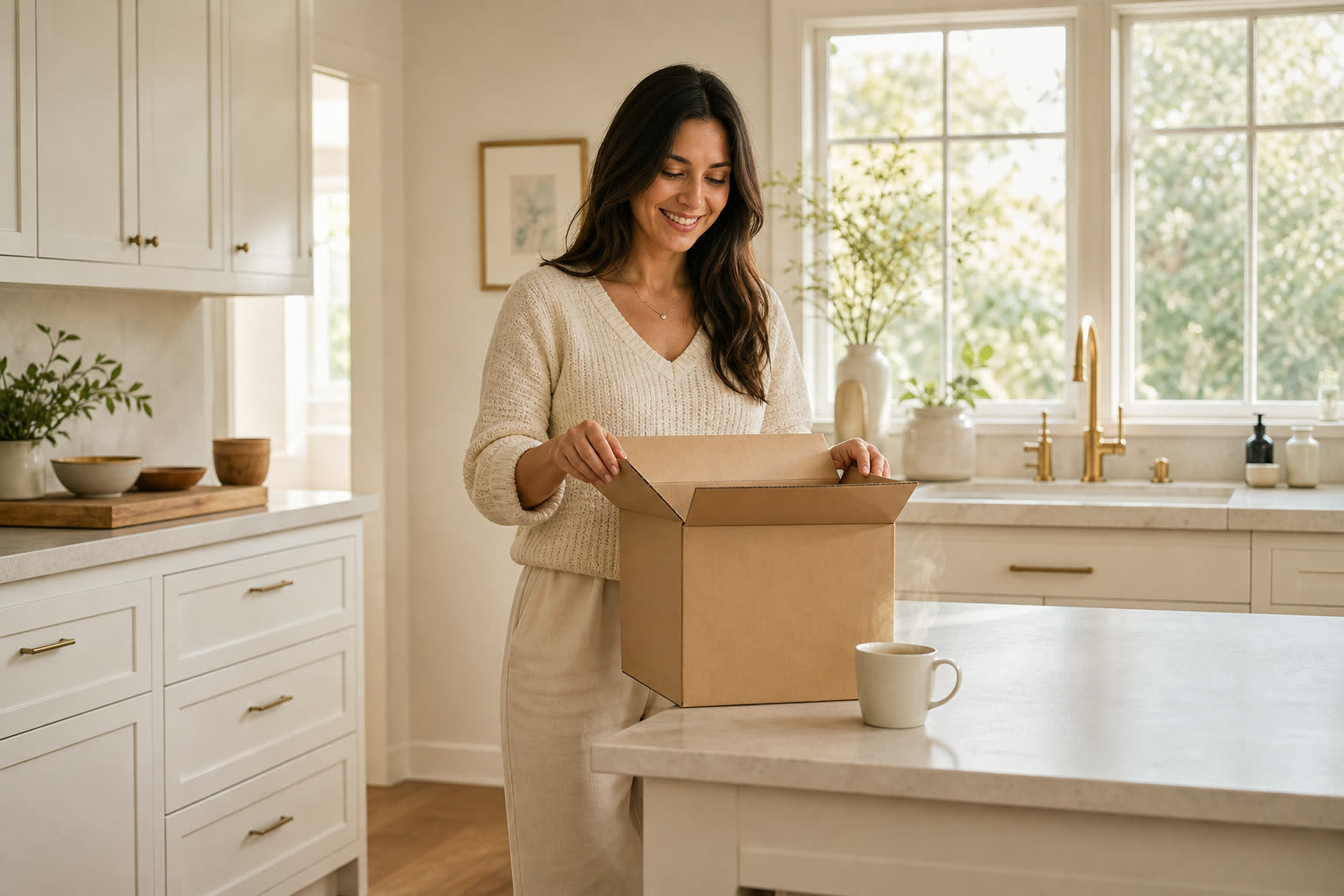 A woman opening a plain unmarked delivery box at her kitchen counter, tea steaming beside her
