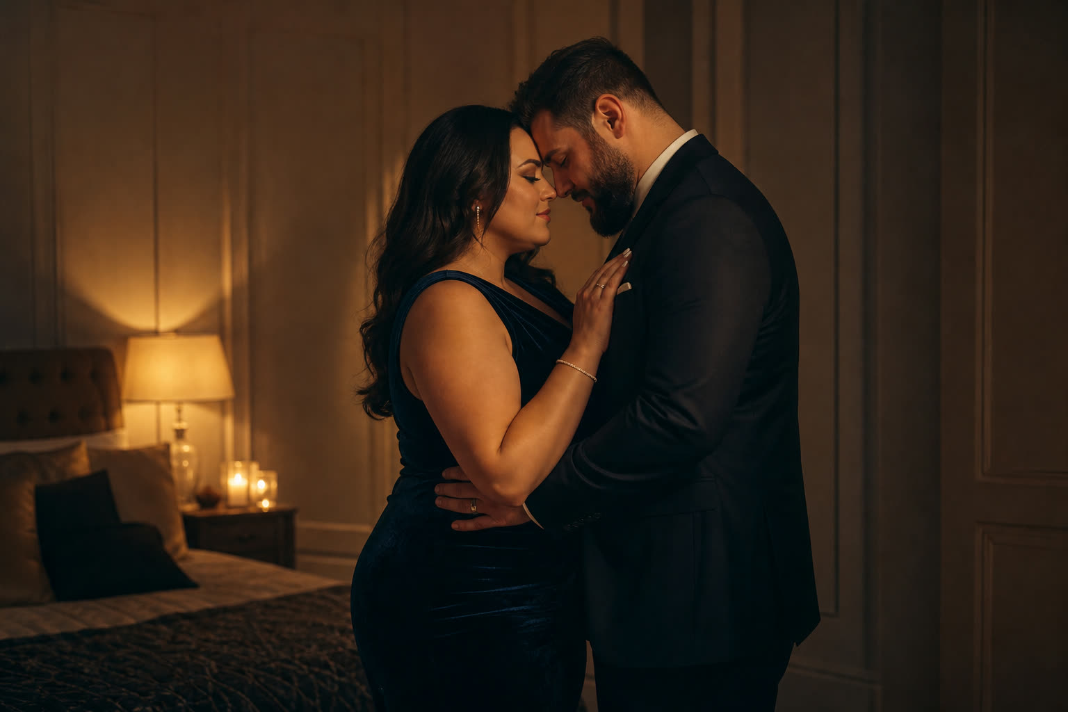 A couple standing beside the bed in warm lamplight, wrapped in an embrace