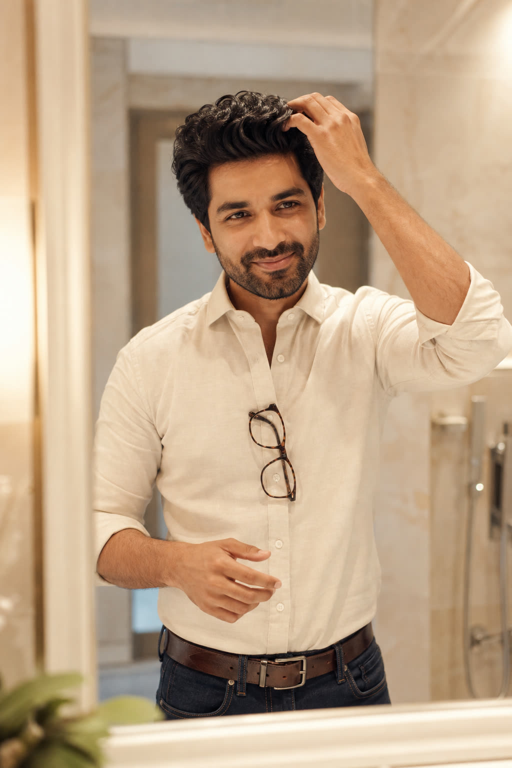 A man with thick dark hair checking it in a warm mirror, glasses tucked into his collar