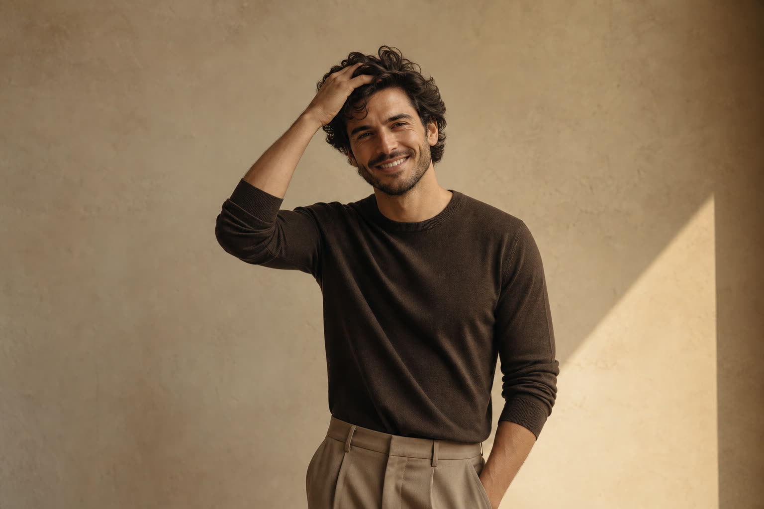 A man in his 30s with thick wavy hair, running one hand through it with an easy grin