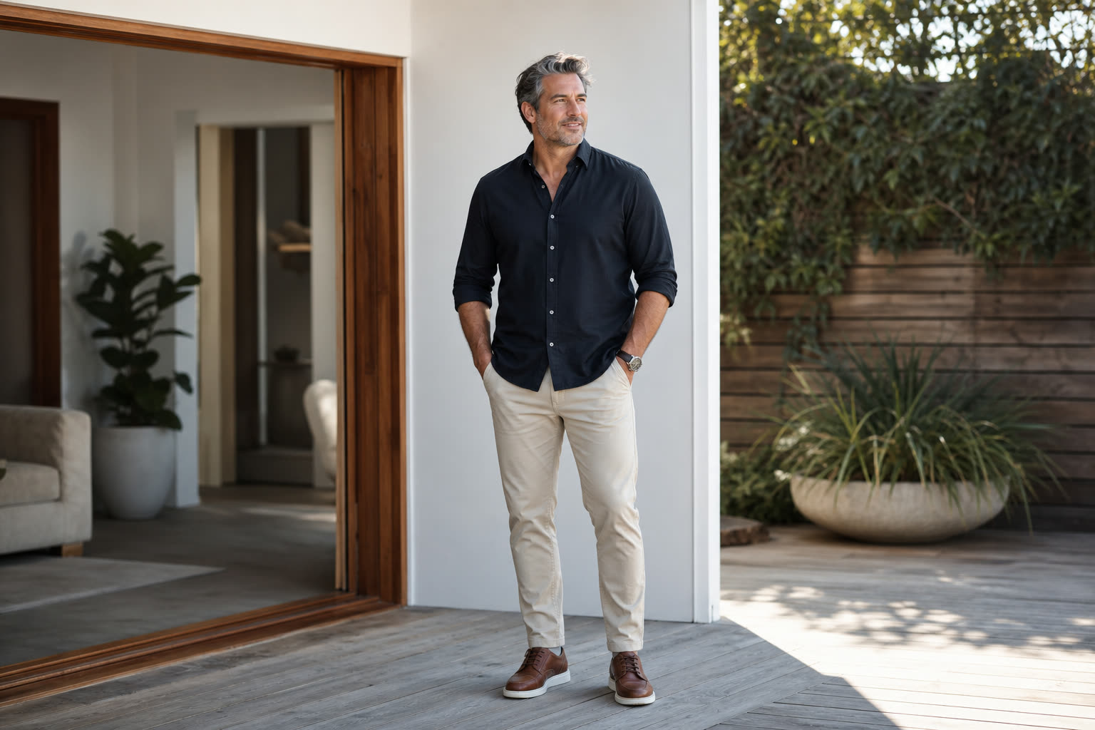 A late 30s man with a broad-shouldered stocky build owning silver-streaked hair in sharp editorial profile