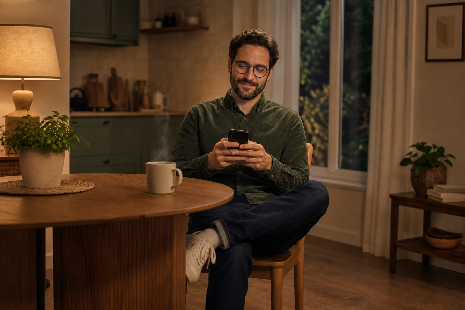 A man in glasses at his kitchen table completing a short questionnaire on his phone