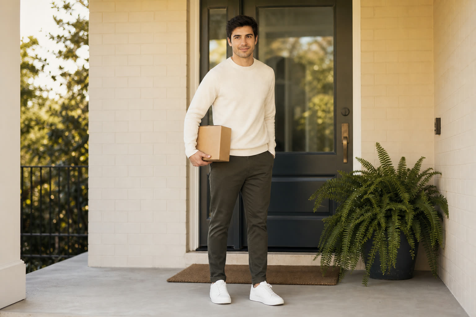A mid-20s man with a lean build picking up a discreet package from their doorstep in morning light