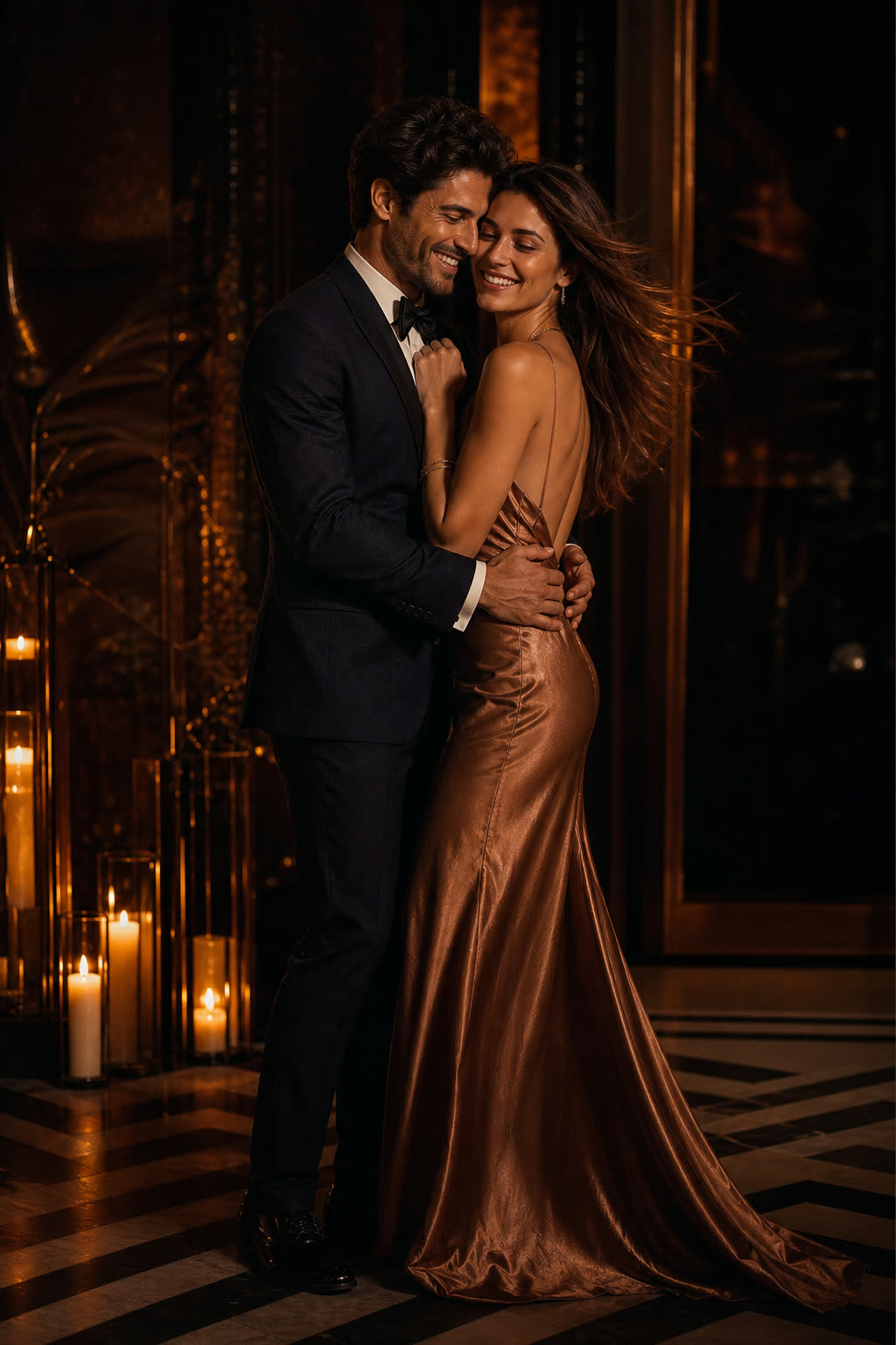 An elegant couple dancing close in warm shadow, her cheek against his