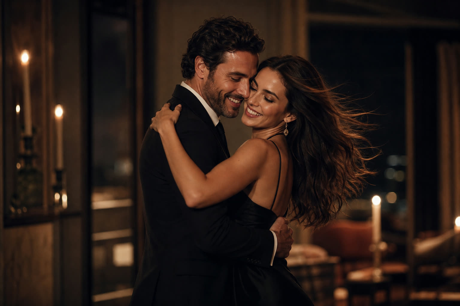 An elegant couple holding each other close in warm low light, foreheads touching
