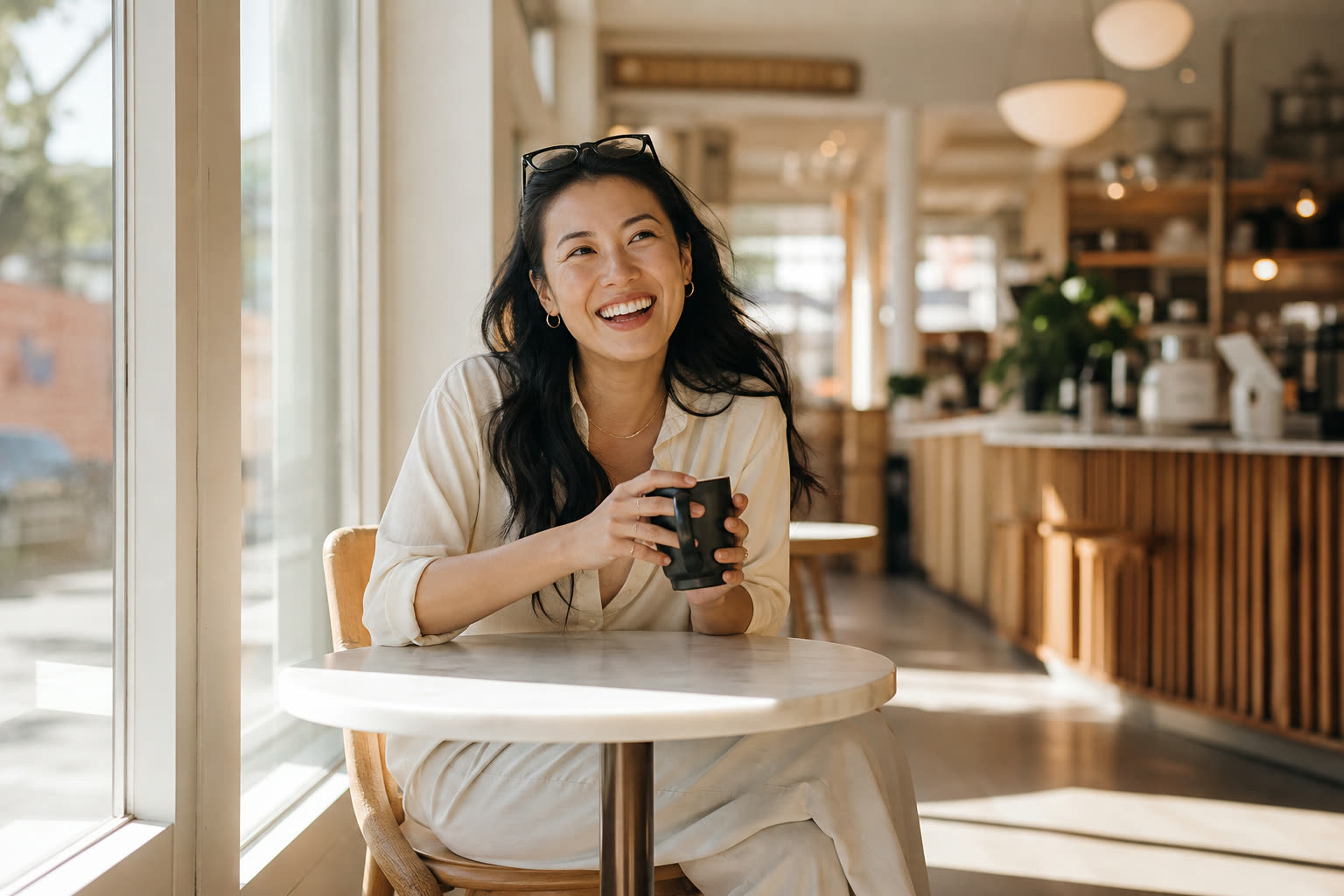 The same woman at a sunlit cafe window, glasses pushed up into her hair, laughing