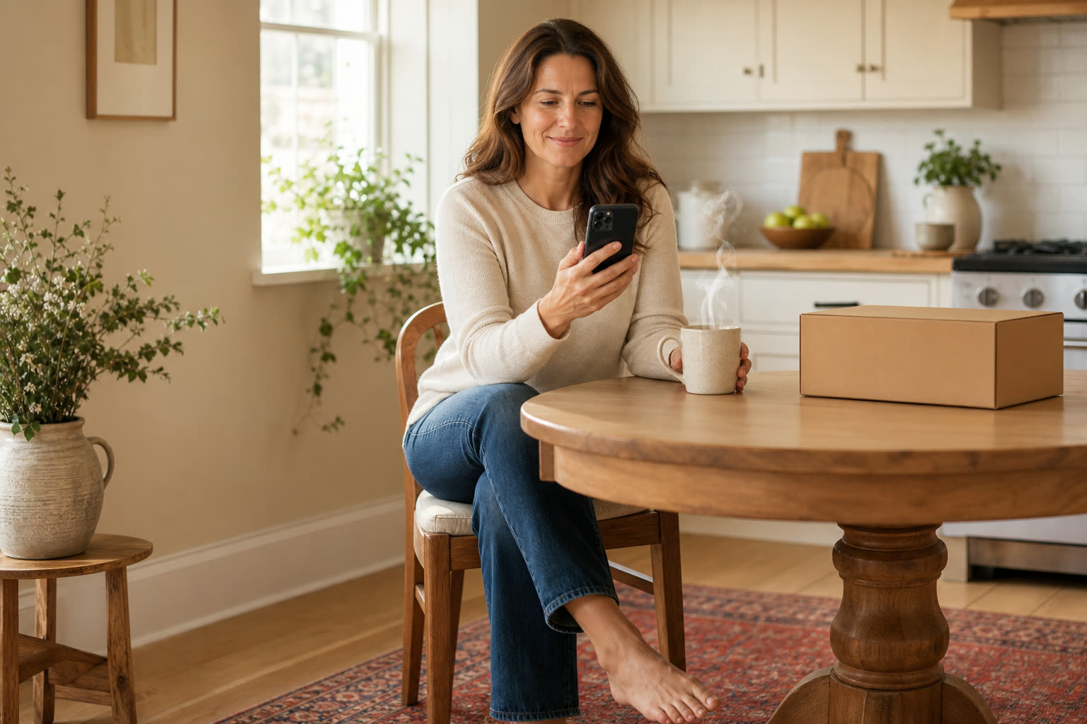 A woman reading a message at a sunlit kitchen table beside a plain unmarked delivery box