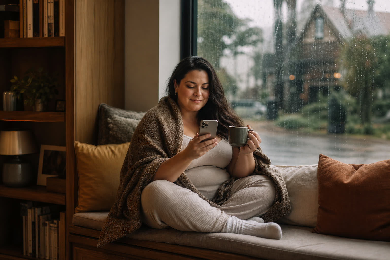 A late 30s woman with a curvy hourglass build wrapped in a blanket with tea, texting their care team from a window seat