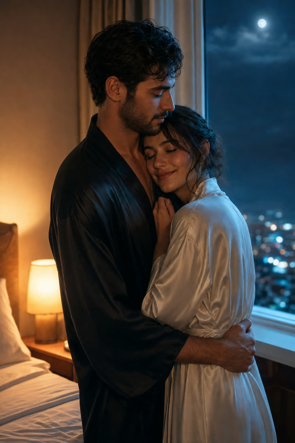 An elegant couple dancing very close in warm bronze light, her arms around his neck