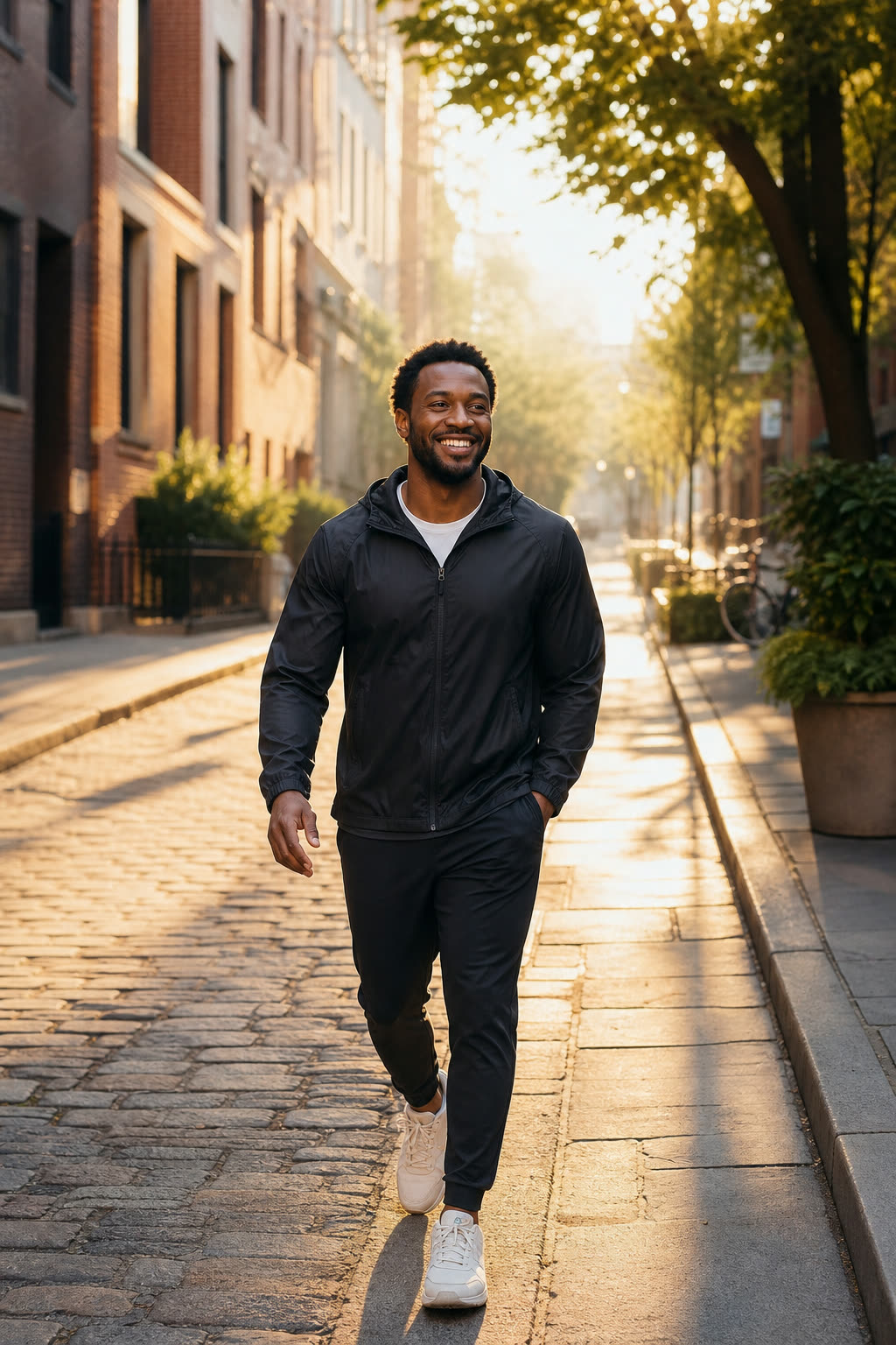 A man in his early 30s with a strong build walking through the morning city, mid-smile