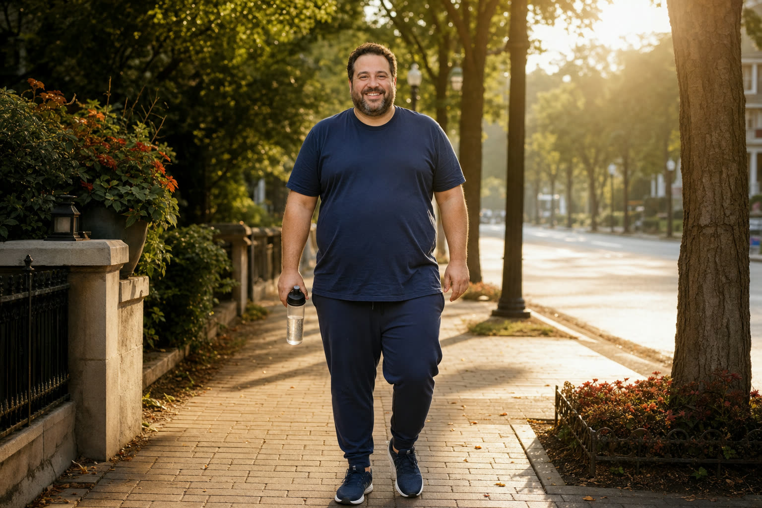 A heavier man mid-journey walking with purpose and a wide smile on a bright morning street